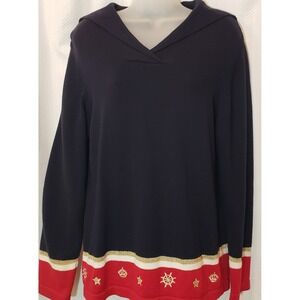 Koret Women's Nautical Sweater Size M Petite Navy Blue/Red, White, Gold Accents